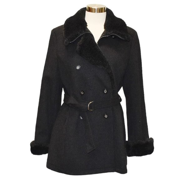 Charles Klein Dark Grey Wool with Black Faux Fur Belted Pea Coat * Size 12 - Picture 9 of 9